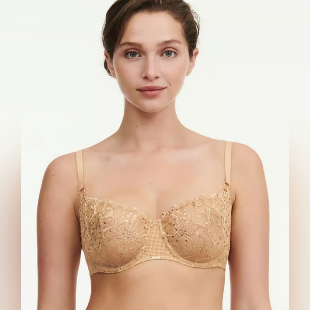 Size 34D - New CHANTELLE Fleurs Signature Demi Bra-Toffee Sequins - Picture 2 of 10